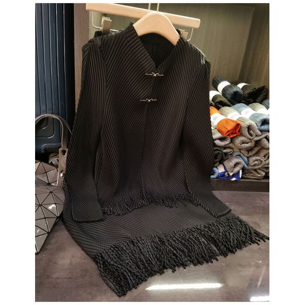 Dragon Scale Pleated Simple Set New Stand Collar Top Tassel Skirt Women 2 Piece Sets