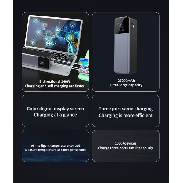 140W Mini Portable Power Bank With 27000mAh Battery And Intelligent Digital Display