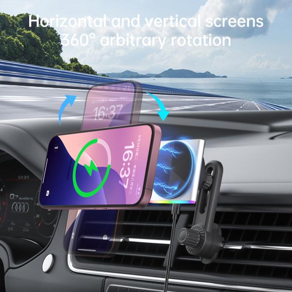 Iphone Car Charger Super Strong Magnetic Suction 360-Degree Rotation Wireless 9-Color RGB Light Fast Charging