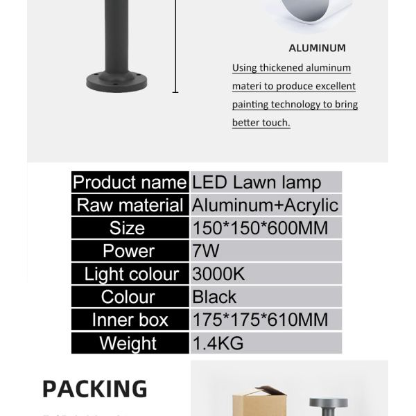 Pathway LED Lawn Lights Outdoor Fixtures 7W Lamp Beads 3000K 185x600mm