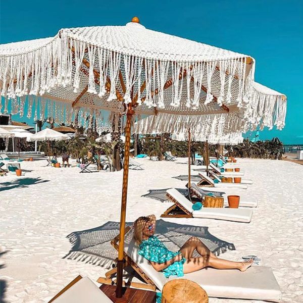 Contemporary Design Style Outdoor Patio Macrame Parasols Beach Wood Umbrella 2.5mm Wooden Pole
