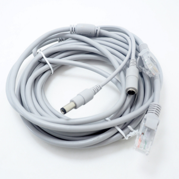 Two-in-One Cable for CCTV Extension Ethernet RJ45 and DC 12V Power NVR in Grey Color