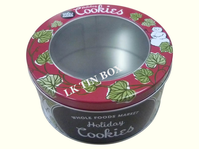 Premium Christmas Cake Cookie Tin Box With PET Window / CMYK Printing OEM