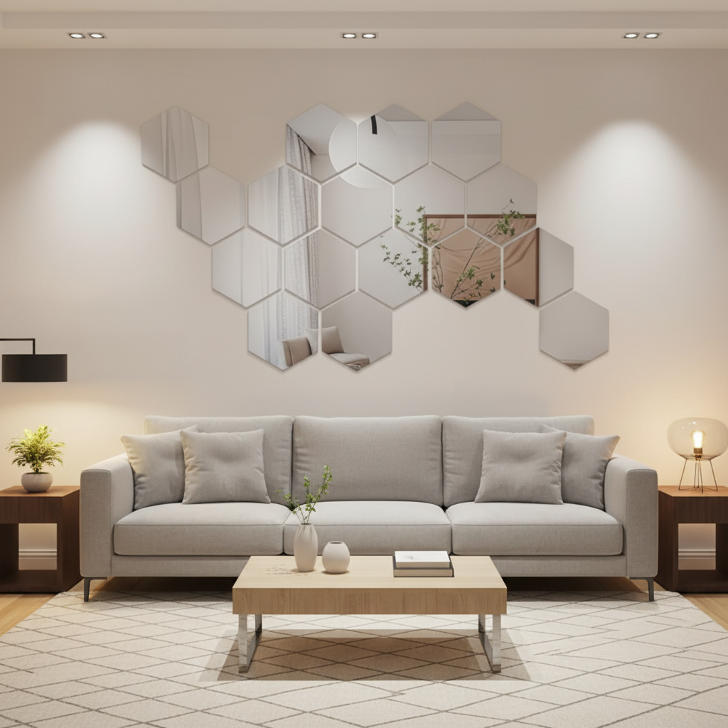 3D Honeycomb Hexagonal Acrylic Mirror Wall Stickers, Self-Adhesive Removable Shatterproof Silver Reflective Mirror Tiles For Living Room Bedroom Office Background Decor Custom Size Color