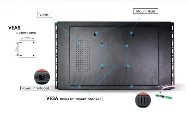 1366x768HD Open Frame LCD Screen VESA Standard Wall Mount Installation