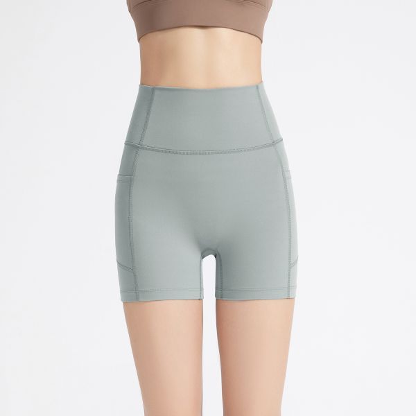 High Waisted Dusty Blue Biker Shorts with Side Pockets – Buttery Soft Yoga & Workout Shorts for Women