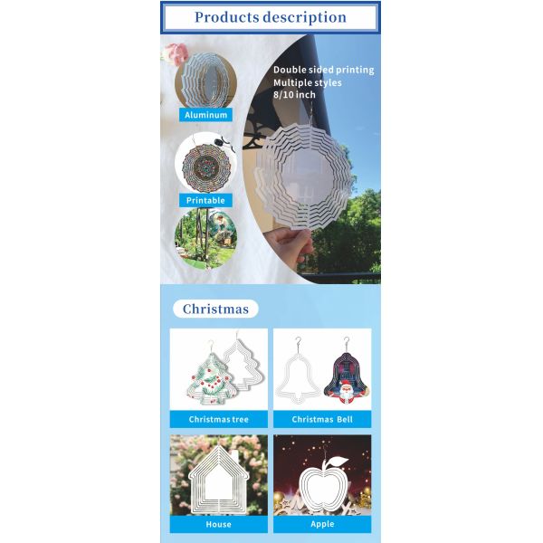 Aluminum Sublimation Wind Spinner for Garden Decoration Outdoor Wind Spinner for Custom Printing DIY Hanging 8inch Spiral Chime