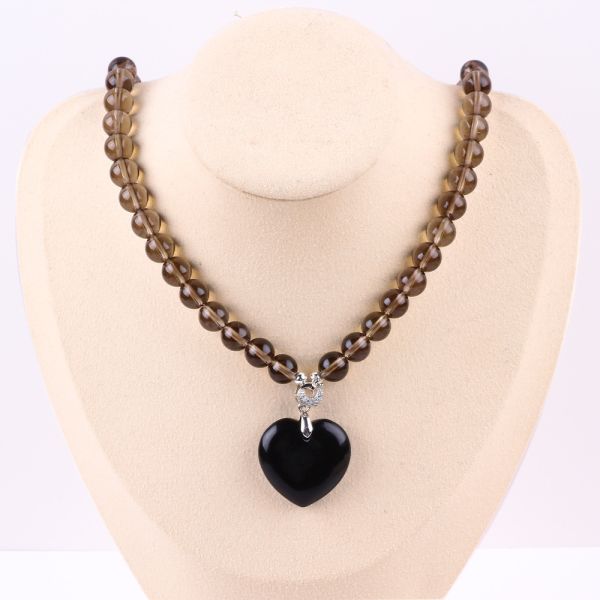 8mm Bead Black Obsidian Smoky Quartz Crystal Stone Necklace