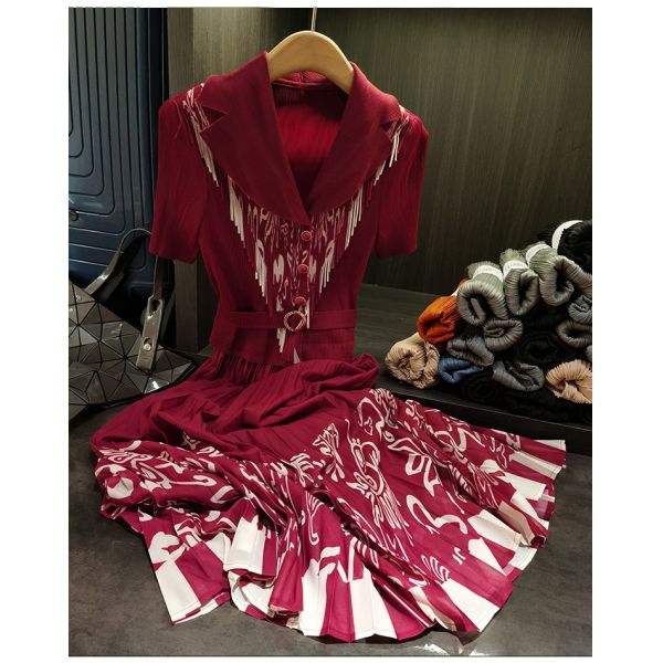 European American Elegant Mid-Length Dress New Style Floral Printed Suit Collar Pleated Waist Slimming Short Sleeve Versatile