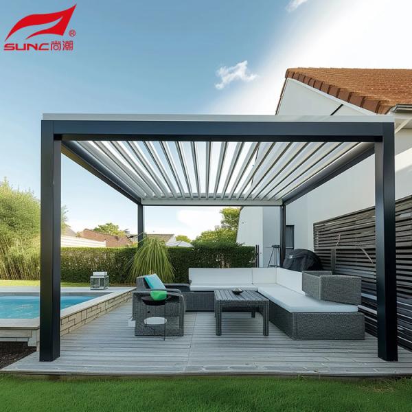 Jardim de alumínio controlado remotamente Pergola à prova de água e vento Gazebo ao ar livre