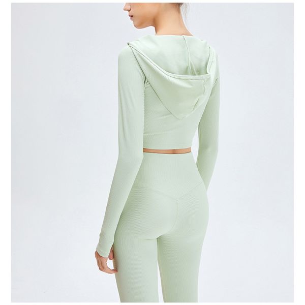 High Waist Ribbed Yoga Clothes Women Long Sleeve Hooded Crop Top Set
