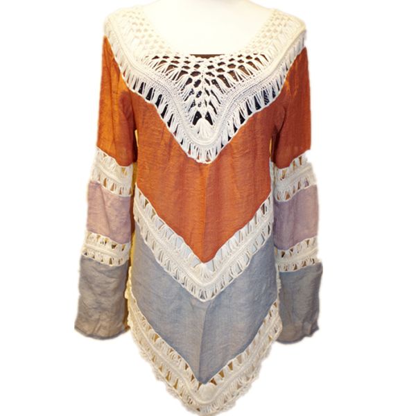 Brazilian Blouse Women Hollow Out Loose Beach Crochet Bikini Blouses Long Sleeve Maxi Shi