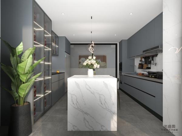 Armoires de cuisine linéaires doubles en acier inoxydable gris-bleu avec stockage de vin et île multifonctionnelle