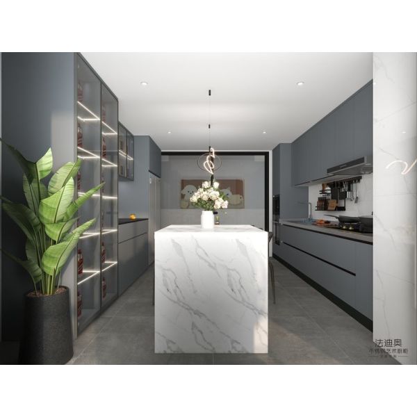 Fadior Gray-Blue Stainless Steel Double Linear Kitchen Cabinets With Wine Storage And Multifunctional Island