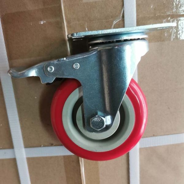 100x32mm Red PVC Caster Wheels With Brakes Ball Bearing Meidum Duty Trolley Wheels