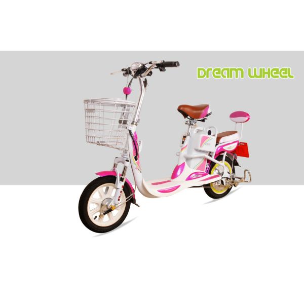 Mini Cool Pedal Assist Electric Bike 350W 48V Pink White Fashion Throttle System