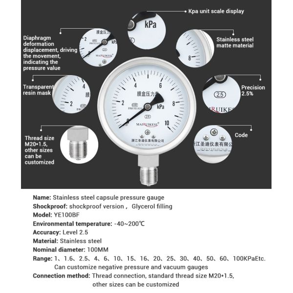 Thread Customizable 304SS Stainless Steel Capsule Type Pressure Gauge 100mm Diameter