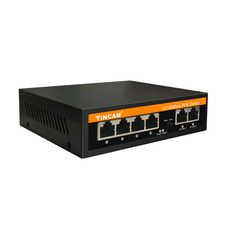 6 Port Fast Ethernet PoE Switch 4 PoE Ports 2 Uplink Ports 10/100Mbps Unmanaged IEEE 802.3af/at 250m Extend VLAN Metal Case Built-in Power Supply TCE-PS4306N