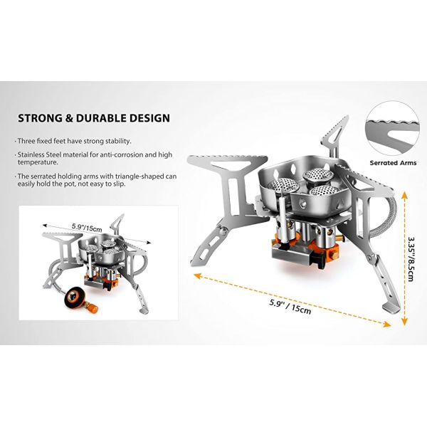 6800W Windproof Camp Stove Camping Gas Stove with Fuel Canister Adapter, Piezo Ignition, Carry Case, Portable