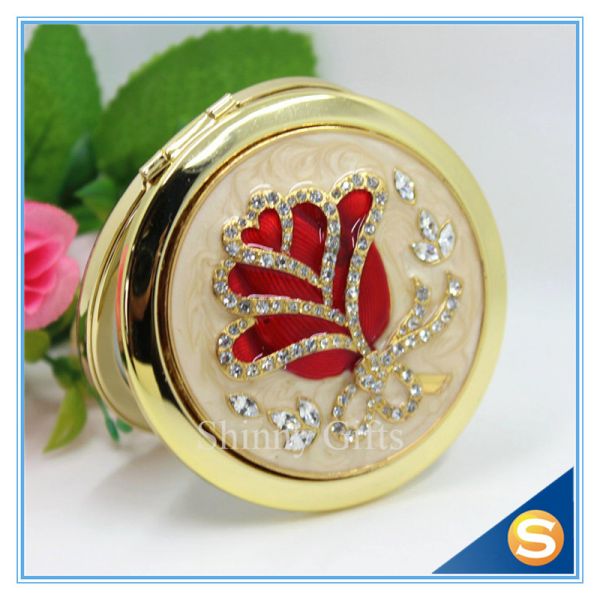 Shinny Gifts Rose Design Hand Make up Mirror Luxury Crystal Cosmetic Mirror