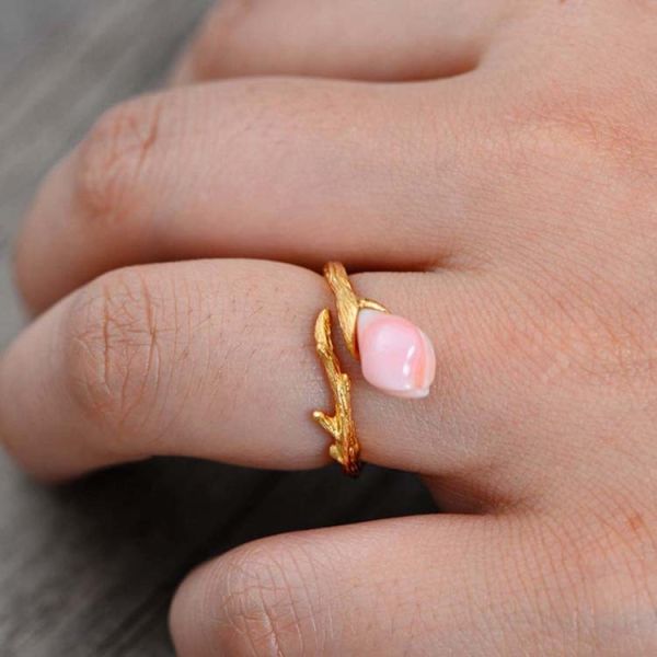 Women Sterling Silver Natural Pink Shell Tulip Gold Plated Ring Open Adjustable Size (058736)