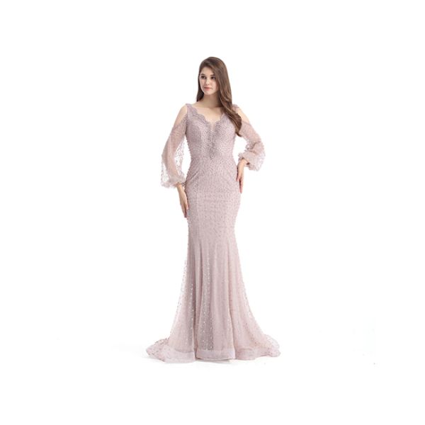 Bubble Sleeve Saudi Arabic Long Sleeve Fancy Dresses Backless With Beading