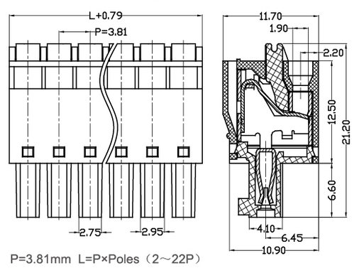 штепсельной вилки терминального блока 3.81mm 300v 8A гнезда 2P Pluggable женские - латунь 22P
