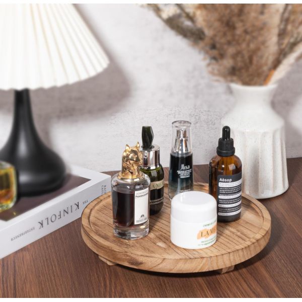 Best Selling Round Decorative Bathroom Counter Organizer Farmhouse Kitchen Decor Wooden Riser Wooden Food Tray