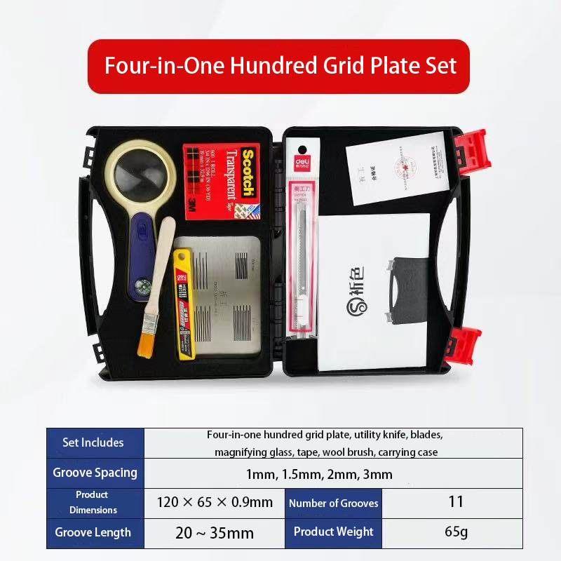 Complete Cross-Cut Adhesion Test Kit with 1mm Grid Cutter, Guide Plate & Tools