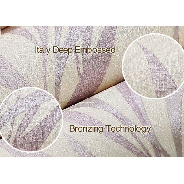 Asian Style Embossed White Wallpaper , Waterproof Leaf Pattern Wallpaper