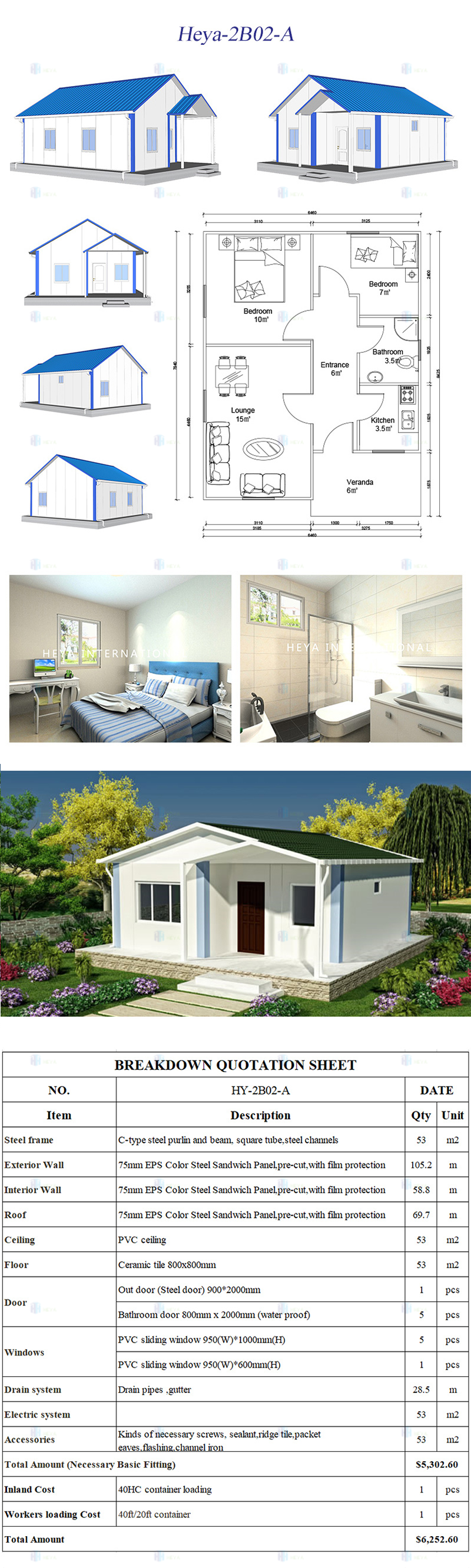 Heya-2B02-A China 2 room sandwich panel house ready made prefabricated house