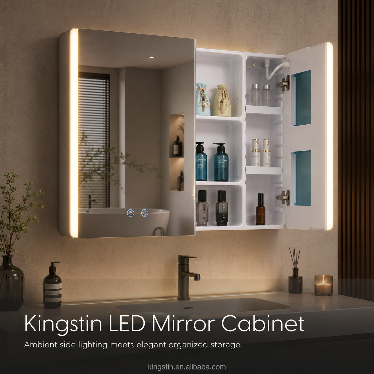 Kingstin Custom ABS LED Bathroom Mirror Cabinet with Storage for Hotels and Homes, 3 Color Temperatures and 5 Flexible Options