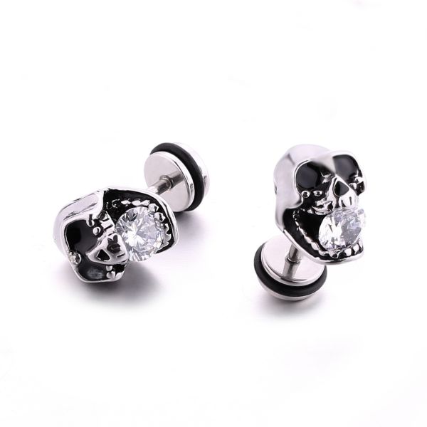 Stainless Steel jewelry punk style polished skull head stud earrings