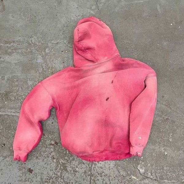 Acid Wash Zip Up Hoodie Mens Women'S 500gsm Blank Pink Acid Wash Vintage Ripped Hole Distressed