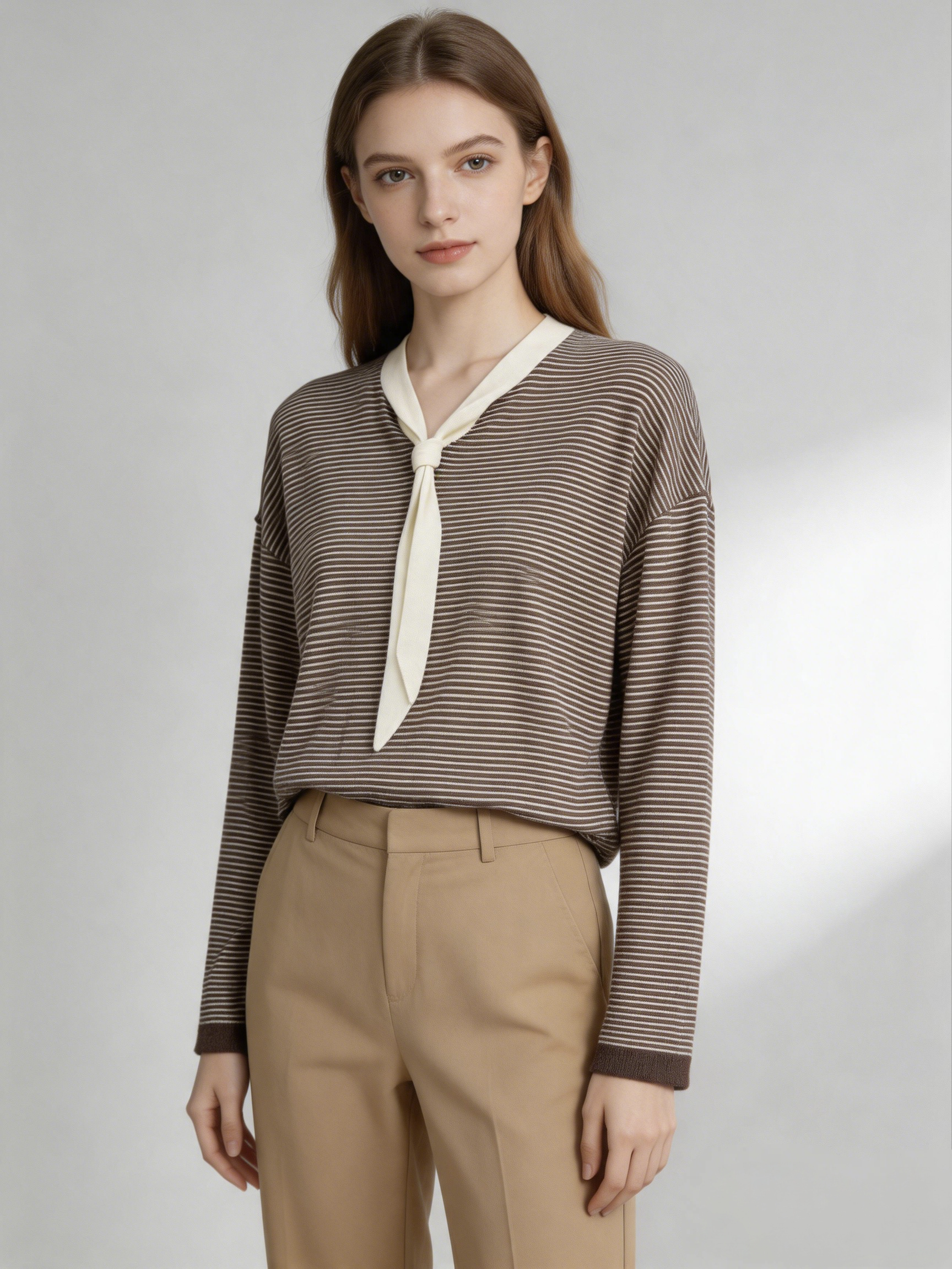 Women's Oversized Knit Top with Contrast Tie Neck Long Sleeve - Breathable Lyocell Linen Viscose Pullover