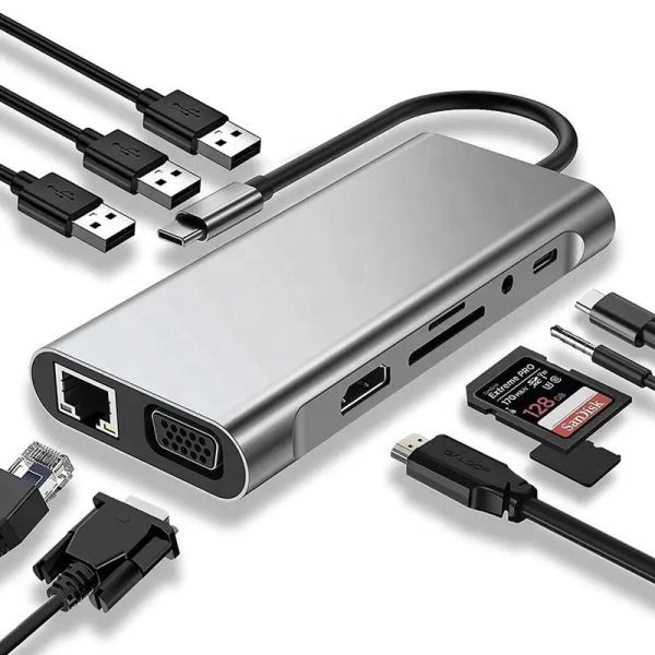 USB C Hub Type-C к USB 3.0 HDMI VGA RJ45 Lan SD TF Audio USB серый мультипортный адаптер