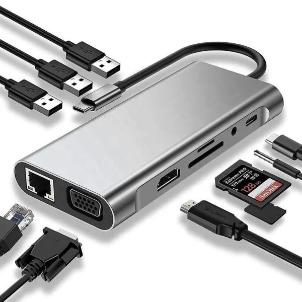 USB C type C Hub type-C à USB 3.0 HDMI VGA RJ45 Lan SD TF Audio USB gris Adaptateur multiport