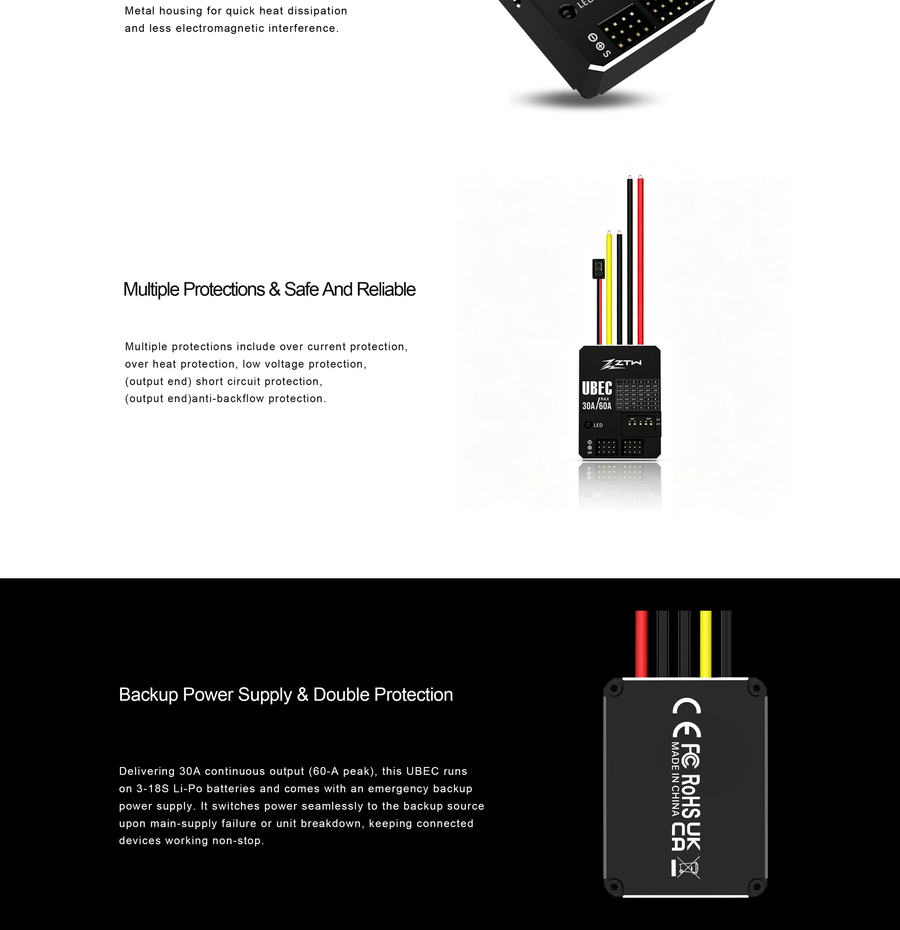 5.2V-12V ZTW UBEC 30A HV External Switching BEC 3S-18S Helicopter ESC Controller