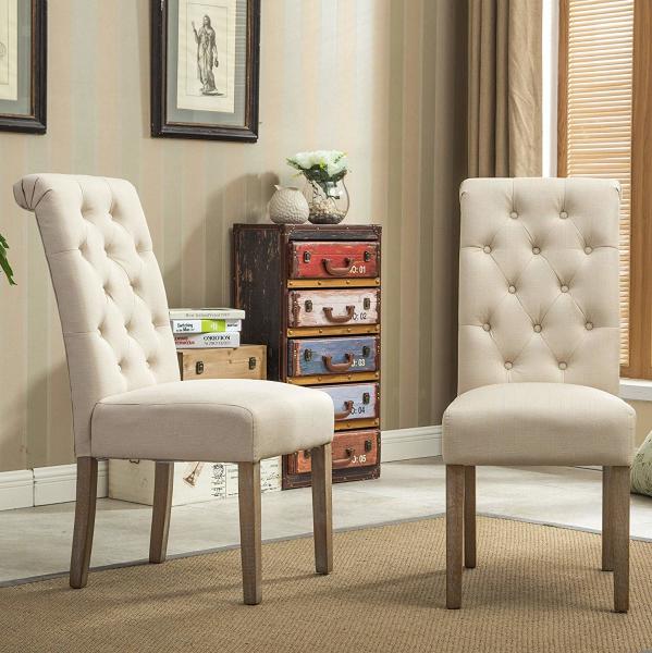 Solid Wood Tufted Fabric Dining Room Chairs Linen Fabric Wooden With Sponge Seat Leisure