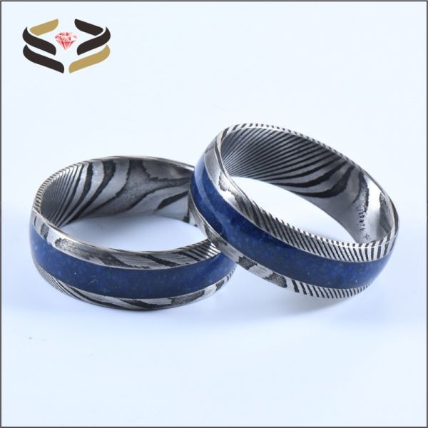 Men'S Damascus Steel Wedding Band Third Party Appraisal 8mm With Lapis Lazuli Inlay