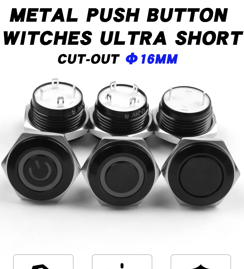 16mm Self-reset Micro-stroke Ultra-short Waterproof Metal Push Button Switch Oxidized Black 1NO