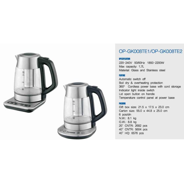 NO App-Controlled Electric Glass Kettle for Hotel 50/60Hz Rate App-Controlled