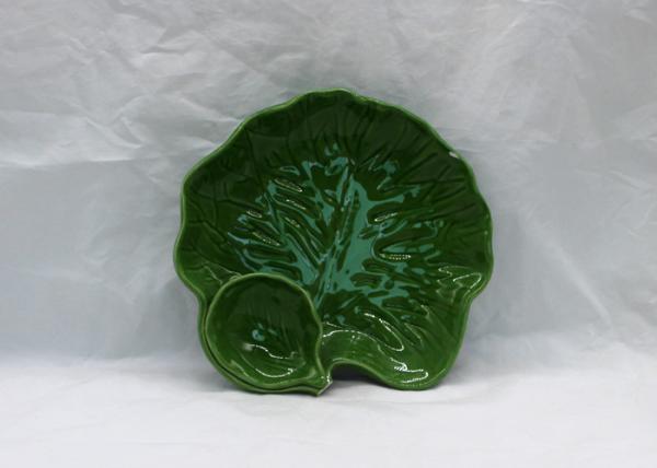 Beautiful Ceramic Houseware Green Dolomite Ceramic Leaf Plate With Snack Dip Bowl Set