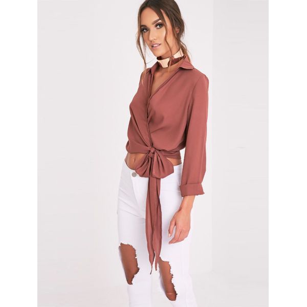 Latest Fashion Ladies Wrap Blouse With Tie