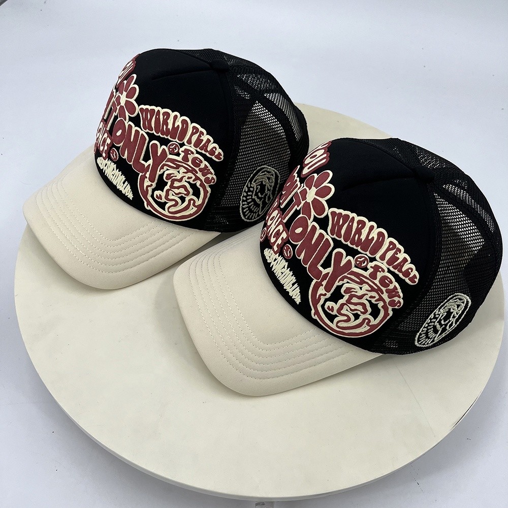 Printed Foam Mesh 5 Panel Trucker Cap Puff Printing Snapback Structured Cap