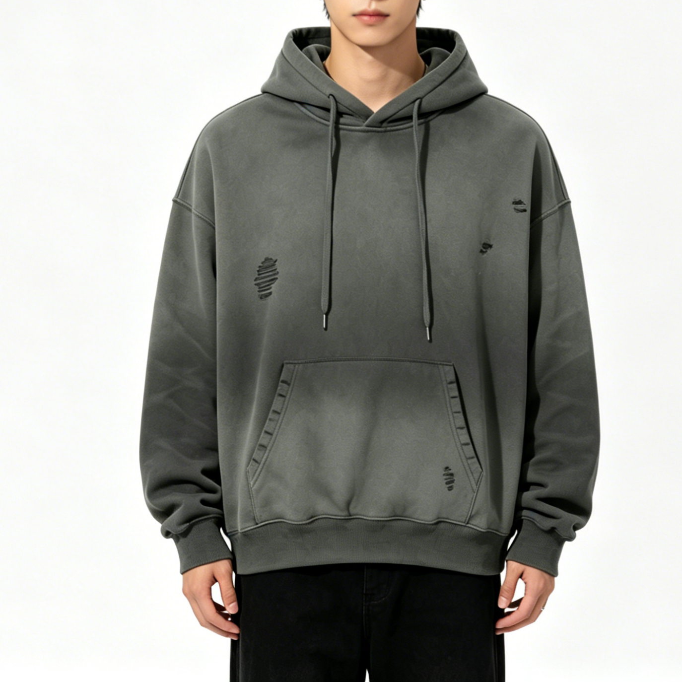 Men’s Distressed Gradient Hoodie Oversized Fleece Lined Streetwear Casual Pullover