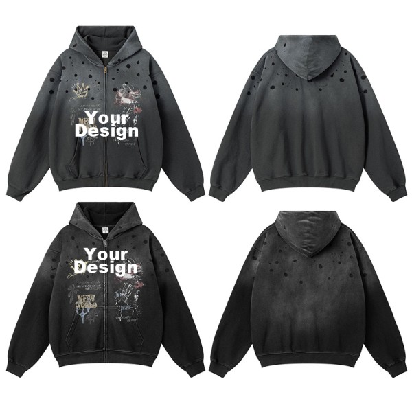 410G American Street Graffiti Print Full Zip Hoodie Oversized Zip Jacket | OEM ODM Custom Logo, Replaceable Fabric, Multiple Pantone Color Codes, Low MOQ