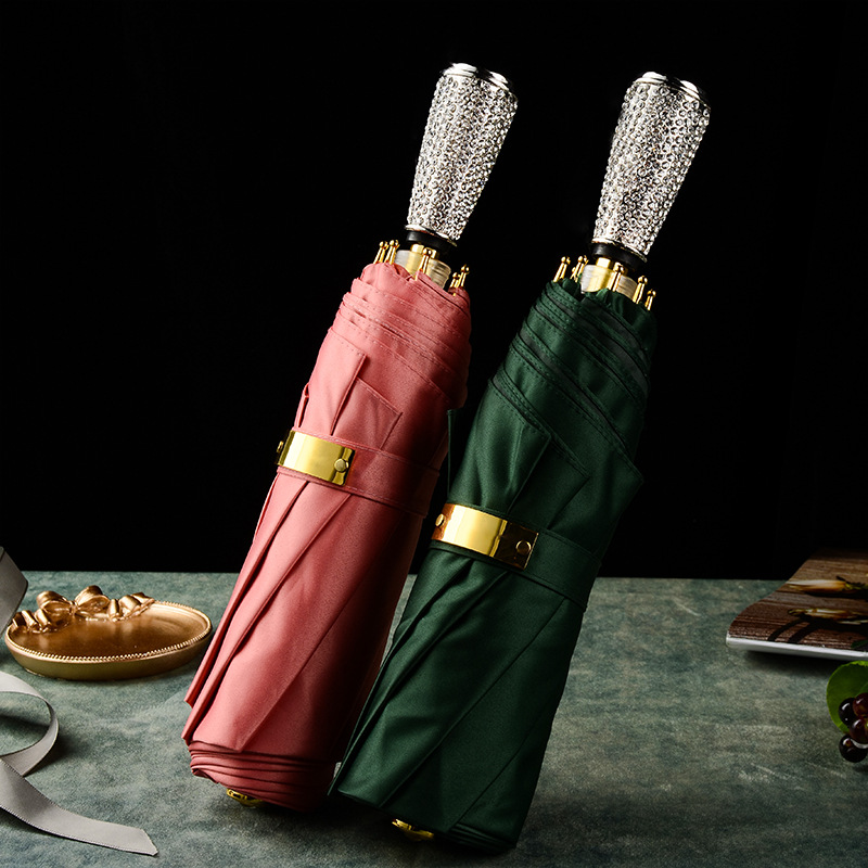 Manual Control Diamond Insert Handle 3 Fold Umbrella Unique Rain Umbrellas for Women