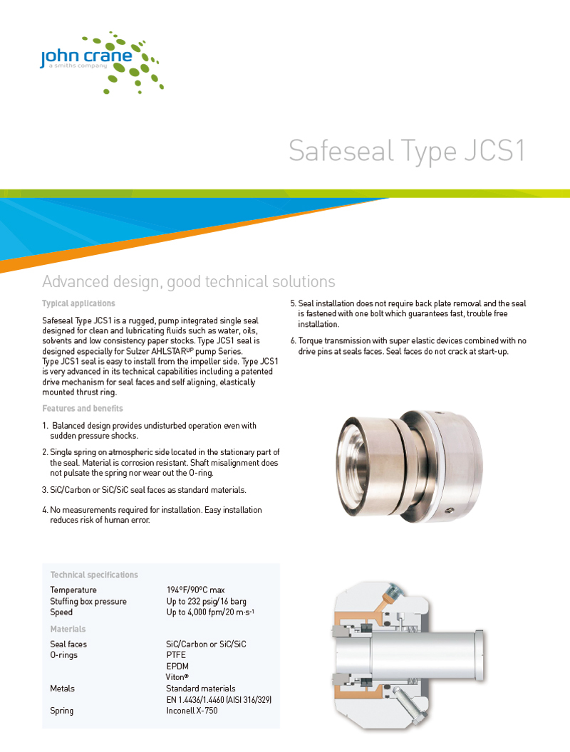 John Crane Type JCS1 Single Cartridge Mechanical Seal for Sulzer AHLSTARUP Pumps
