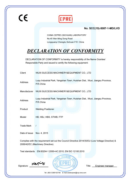 WELDSUCCESS AUTOMATION EQUIPMENT (WUXI) CO., LTD Сертификации